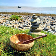 Load image into Gallery viewer, Coconut Bowl with Reclaimed Wood Spoon (Cosmos Pattern)