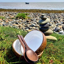 Load image into Gallery viewer, White Interior Coconut Bowl set with Reclaimed Wood Spoons and Bamboo Straw
