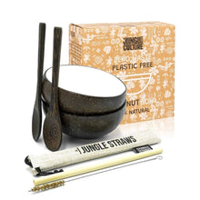 Load image into Gallery viewer, White Interior Coconut Bowl set with Reclaimed Wood Spoons and Bamboo Straw