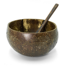 Load image into Gallery viewer, Coconut Bowl with Reclaimed Wood Spoon - Leaf Design
