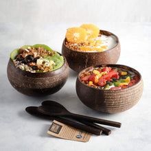 Load image into Gallery viewer, Geometric Coconut Bowl set with Reclaimed Wood Spoons and Bamboo Straw
